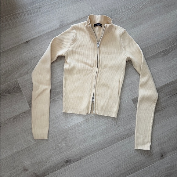 Brandy Melville Jackets & Blazers - Brandy Melville Ribbed Zip Sweater Cream Cropped OS Mock Neck